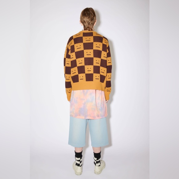 🍁☃️ACNE STUDIOS Women's Face Jacquard Wool Sweater Ochre Orange Coffee Brown - Picture 7 of 14